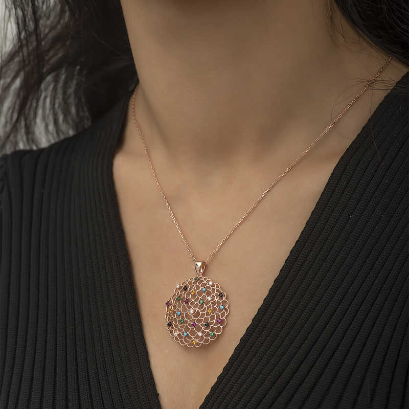 Necklace - Rose Gold Plated Multi-Color Zircon Geometric Medallion