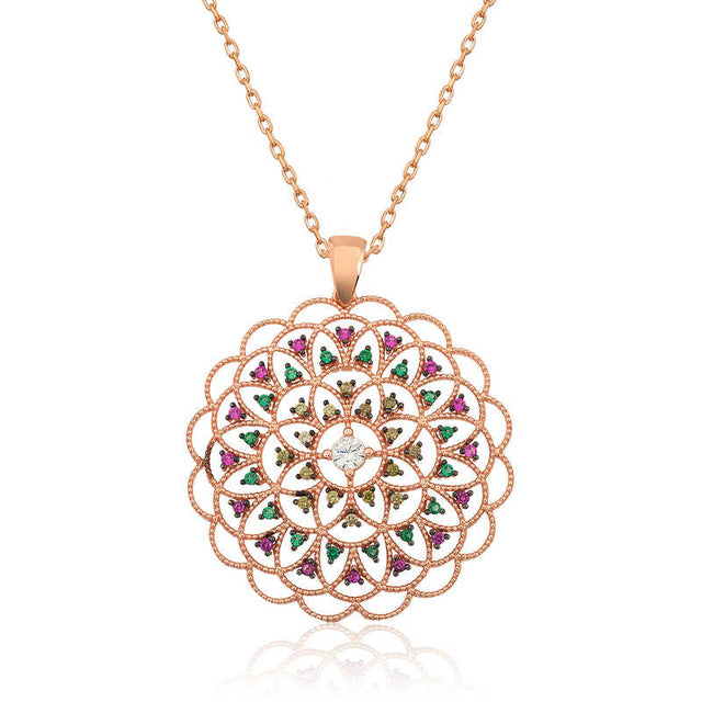 Necklace - Rose Gold Plated Sterling Silver Multi-Stone Medallion