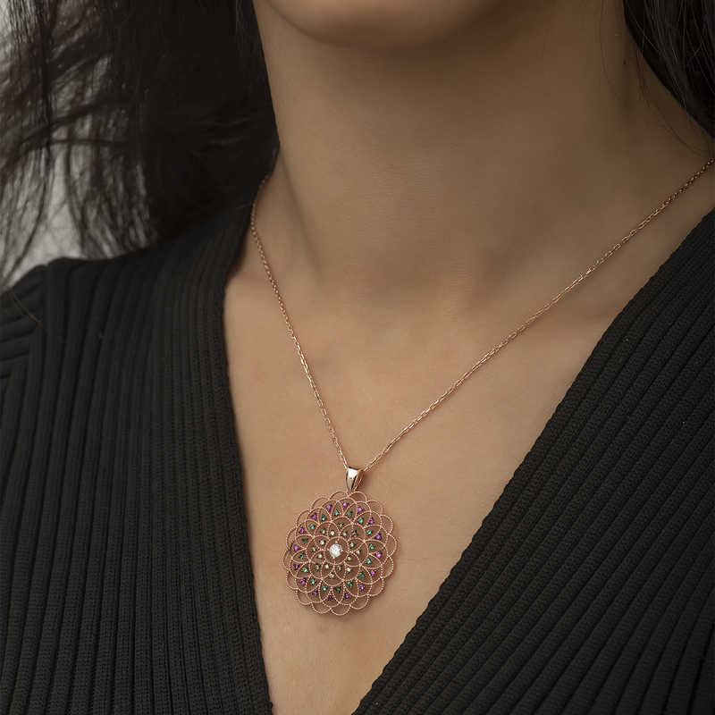 Necklace - Rose Gold Plated Sterling Silver Multi-Stone Medallion