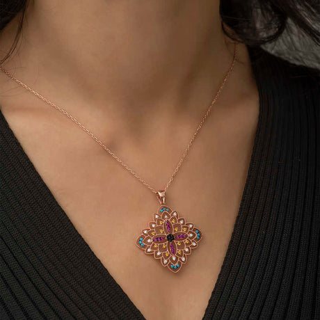 Rose Gold Plated Necklace - Multi-Color Zirconia Ethnic Medallion