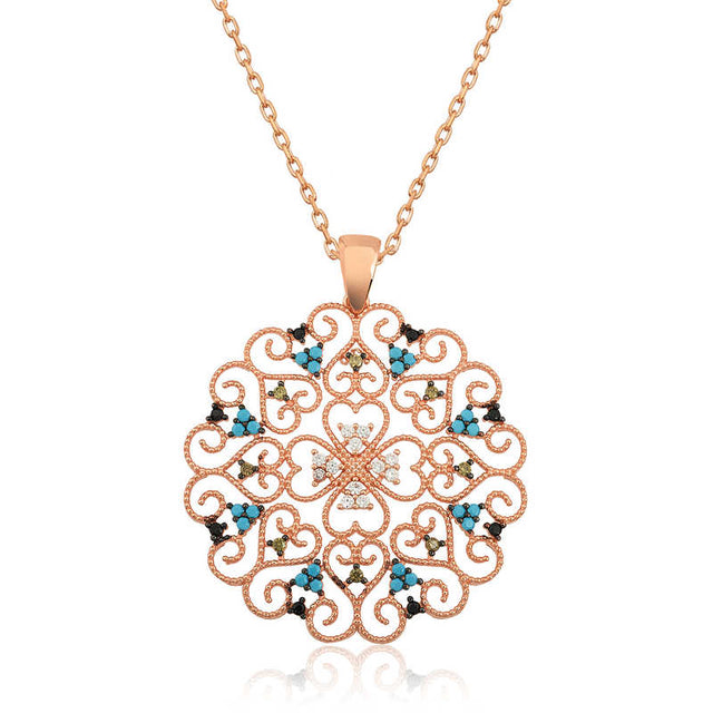 Rose Gold Plated Sterling Silver Ethnic Medallion Necklace