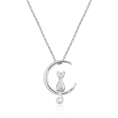 Sterling Silver Necklace - Whimsical Cat & Crescent Moon Pendant