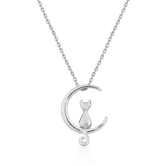 Sterling Silver Necklace - Whimsical Cat & Crescent Moon Pendant