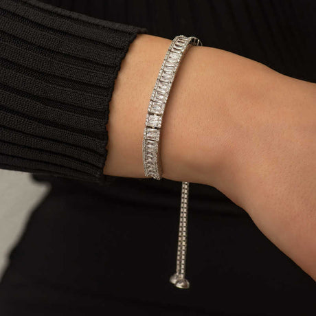 Adjustable Bolo Bracelet - Silver-Tone Baguette CZ Tennis Style