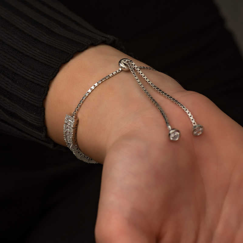 Adjustable Bolo Bracelet - Silver-Tone Baguette CZ Tennis Style