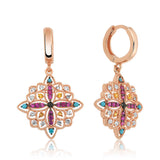 Rose Gold Tone Multi-Stone Hoop Dangle Earrings - Ethnic Moroccan Starburst