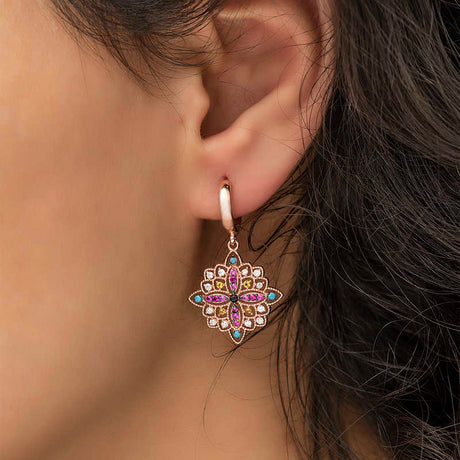 Rose Gold Tone Multi-Stone Hoop Dangle Earrings - Ethnic Moroccan Starburst