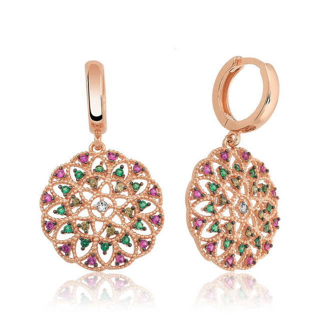 Drop Earrings - Rose Gold-Tone Multi-Color Zirconia Intricate Mandala