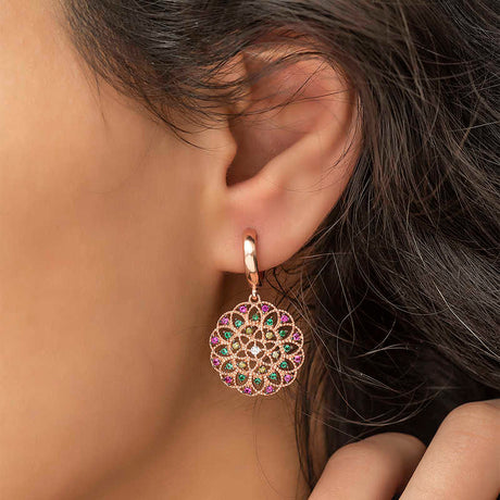 Drop Earrings - Rose Gold-Tone Multi-Color Zirconia Intricate Mandala