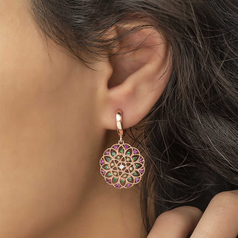Oorbellen met Hanger - Roségoudkleurige Multi-Kleurige Zirconia Fijne Mandala