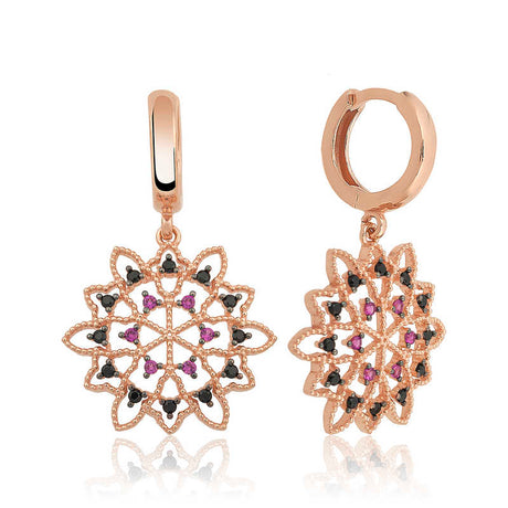 Dangle Earrings - Rose Gold Plated Geometric Black & Fuchsia Stones