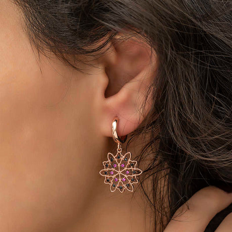 Dangle Earrings - Rose Gold Plated Geometric Black & Fuchsia Stones