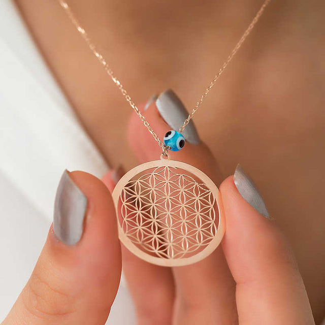 Rose Gold Plated Flower of Life & Evil Eye Necklace