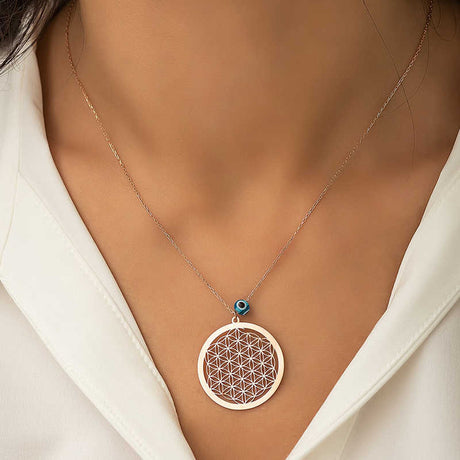 Rose Gold Plated Flower of Life & Evil Eye Necklace