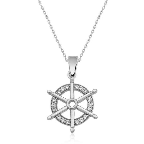 Sterling Silver Necklace - Dazzling Cubic Zirconia Ship's Wheel Pendant