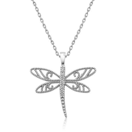 Sterling Silver Dragonfly Necklace - Sparkling Zircon & Filigree