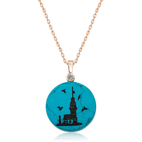Rose Gold-Tone Maiden's Tower Turquoise Pendant Necklace