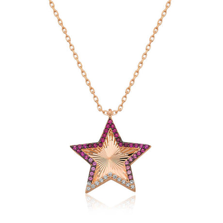 Necklace - Rose Gold Tone Fanned Star with Pink & White Stones