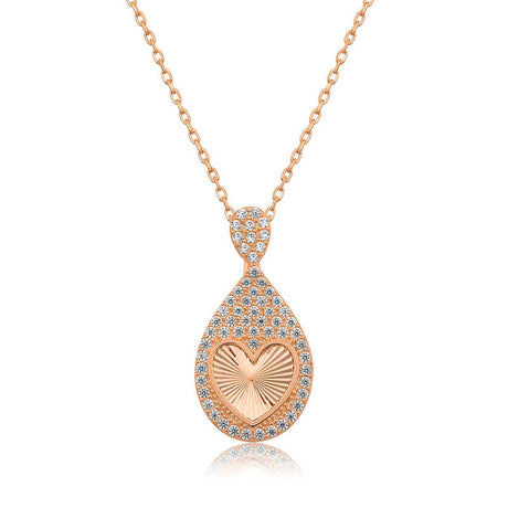 Rose Gold Tone Necklace - Sparkling Teardrop Heart Pendant