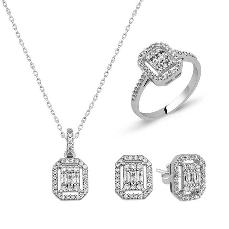 Sterling Silver Baguette & Halo Jewelry Set - Elegant Sparkle
