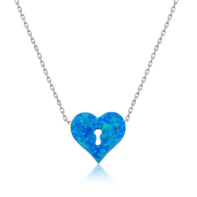 Necklace - Sterling Silver Blue Opal Heart Keyhole Pendant