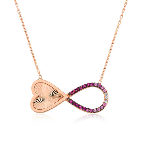 Rose Gold Tone Infinity Heart Necklace - Dainty Pink & White Stone Design