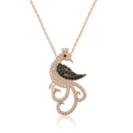 Necklace - Rose Gold Plated Sterling Silver Peacock Cubic Zirconia