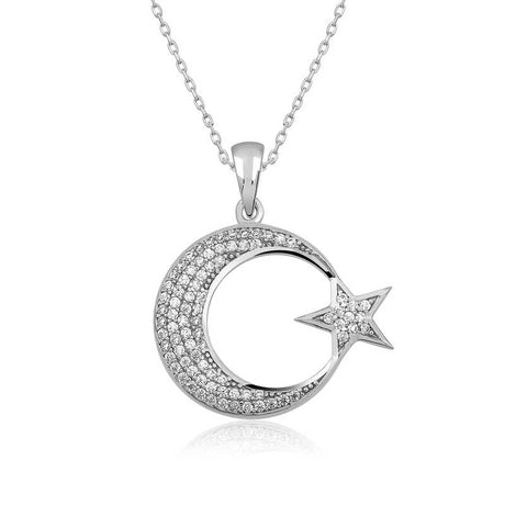 Sterling Silver Cubic Zirconia Crescent Moon & Star Necklace