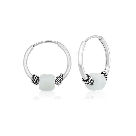 Hoop Earrings - Sterling Silver White Bead Dainty Design