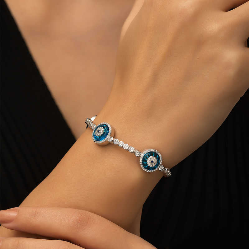 Sterling Silver Evil Eye Charm Bracelet with Dazzling Zirconia
