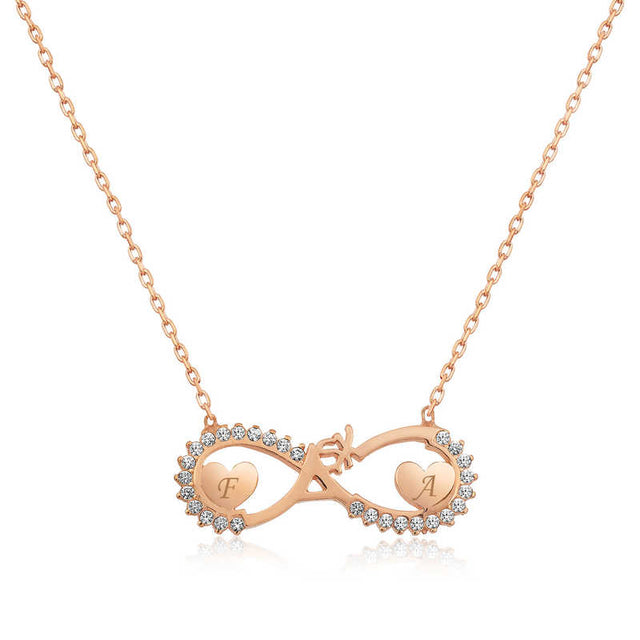 Infinity Heart Initial Necklace - Rose Gold Plated with Sparkling Stones