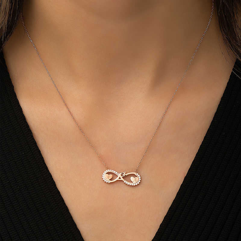 Infinity Heart Initial Necklace - Rose Gold Plated with Sparkling Stones