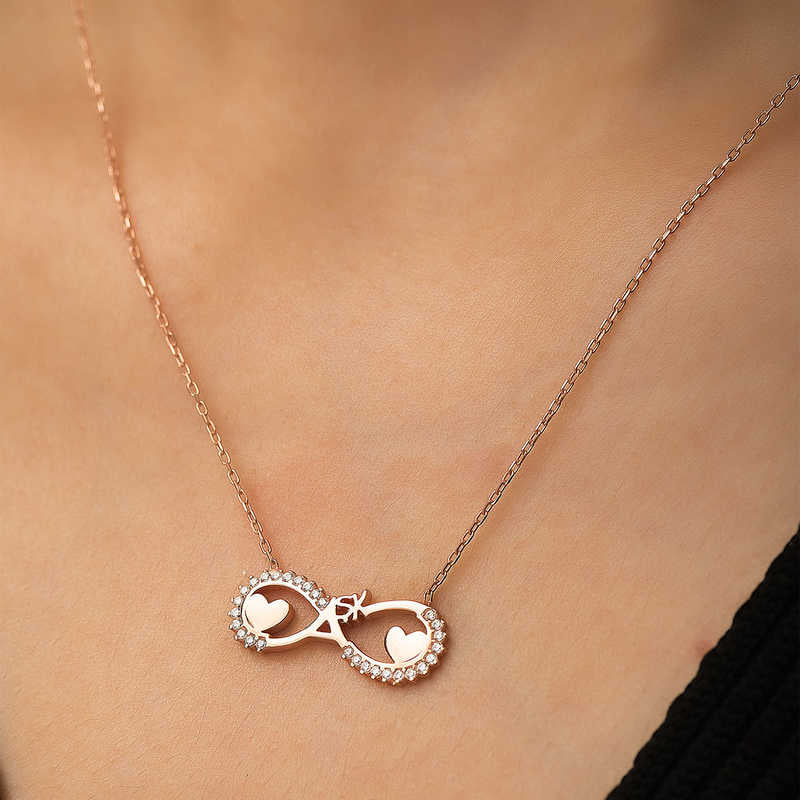 Infinity Heart Initial Necklace - Rose Gold Plated with Sparkling Stones