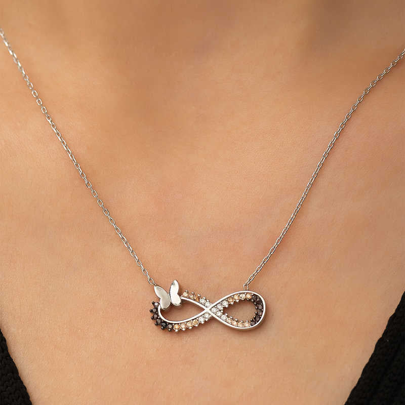 Sterling Silver Butterfly Infinity Necklace with Multi-tone CZ