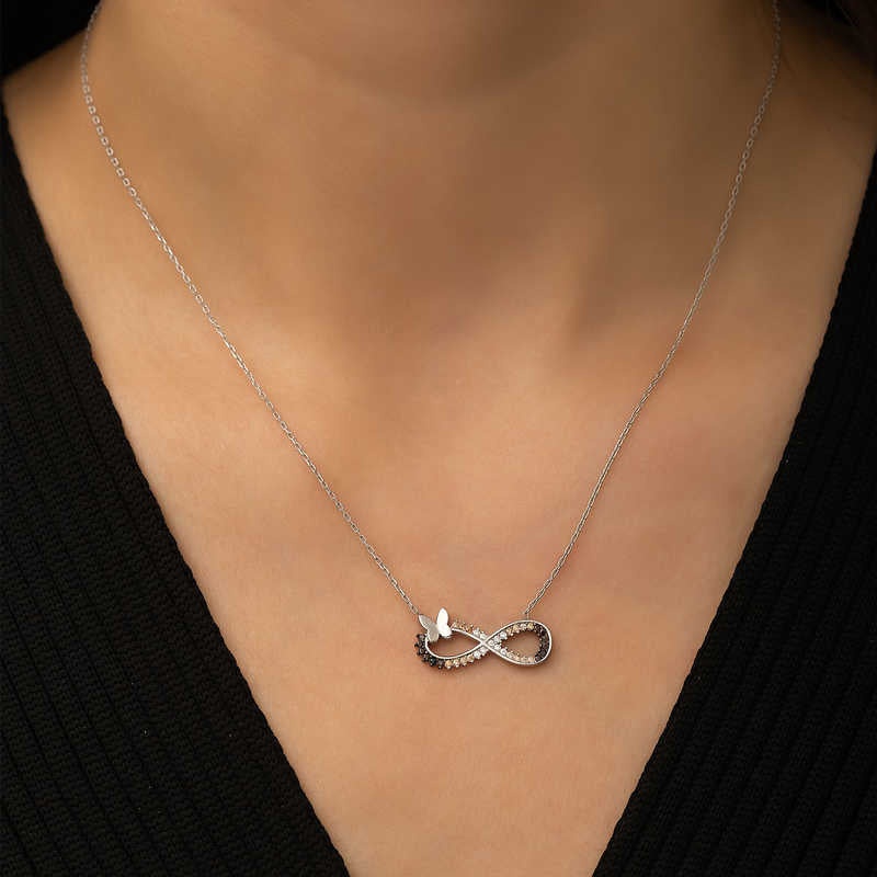 Sterling Silver Butterfly Infinity Necklace with Multi-tone CZ
