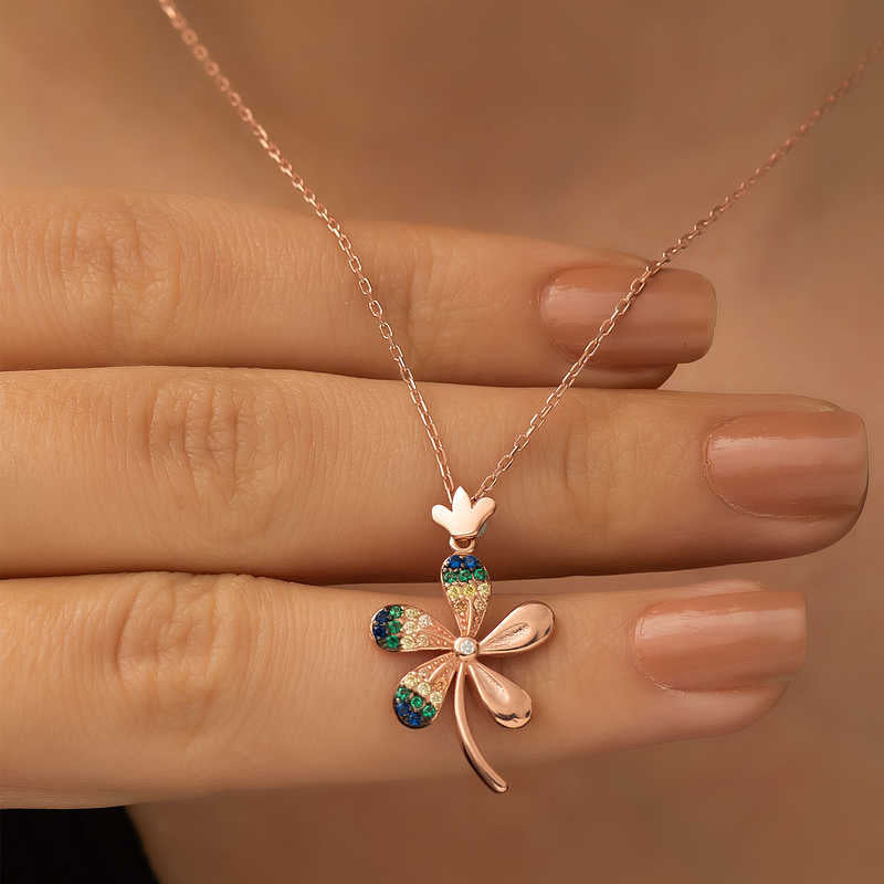 Rose Gold Plated Necklace - Sparkling Multi-Stone Floral Clover