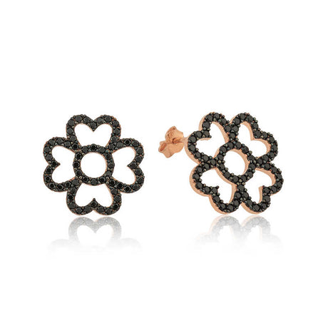 Stud Earrings - Rose Gold Tone Black Zirconia Heart Petal Flower
