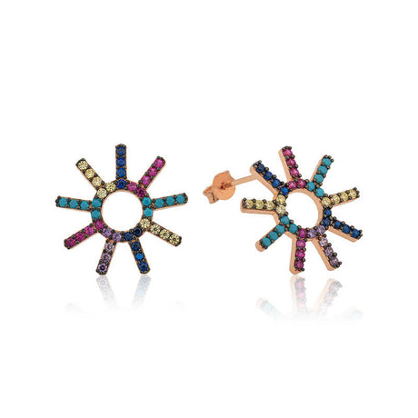 Stud Earrings - Rose Gold Plated Sterling Silver Multi-Color Sunburst