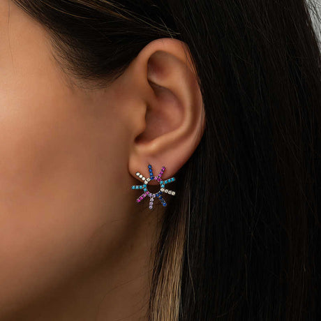 Stud Earrings - Rose Gold Plated Sterling Silver Multi-Color Sunburst