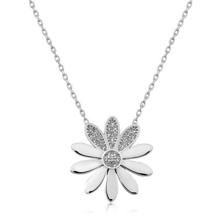 Sterling Silver Daisy Necklace - Sparkling Cubic Zirconia Pendant
