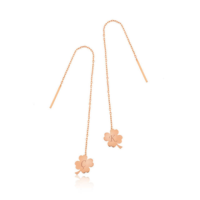 Rose Gold Threader Earrings - Personalized Clover Initial Charm