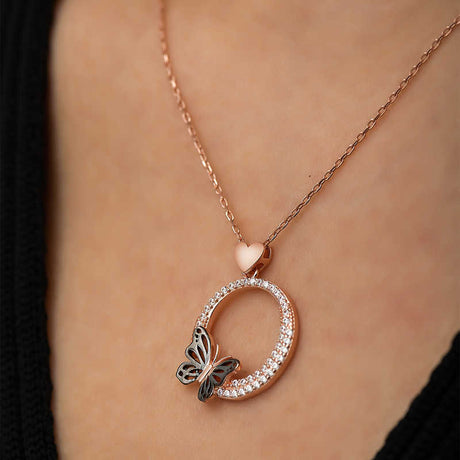 Rose Gold Plated Sterling Silver Butterfly & Zirconia Circle Necklace