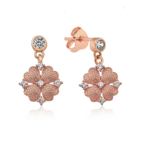 Dangle Earrings - Rose Gold Plated Cubic Zirconia Four-Leaf Clover Design