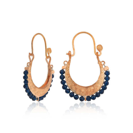 Boho Crescent Earrings - Rose Gold-Tone with Navy Blue Stones