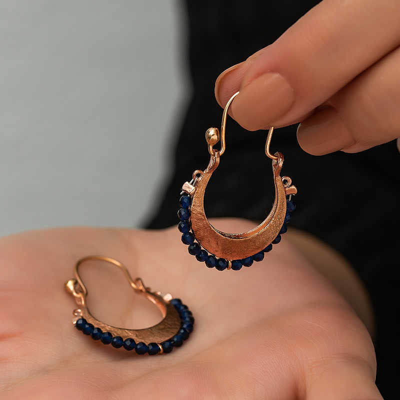 Boho Crescent Earrings - Rose Gold-Tone with Navy Blue Stones