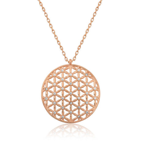 Necklace - Rose Gold Plated Flower of Life with Sparkling White Stones