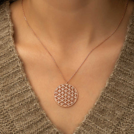 Necklace - Rose Gold Plated Flower of Life with Sparkling White Stones
