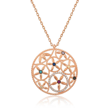 Necklace - Rose Gold Plated Flower of Life Pendant with Gemstones
