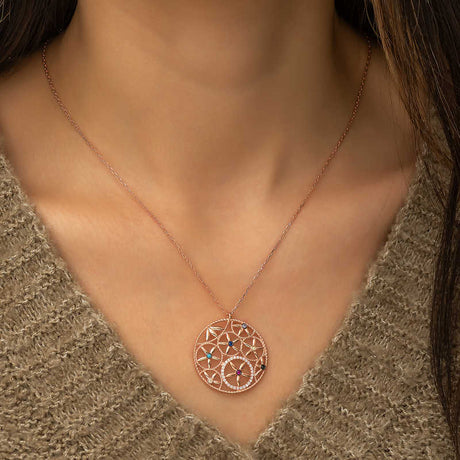 Necklace - Rose Gold Plated Flower of Life Pendant with Gemstones