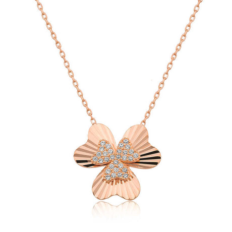Rose Gold Tone Clover Necklace - Sparkling Heart Petal Design